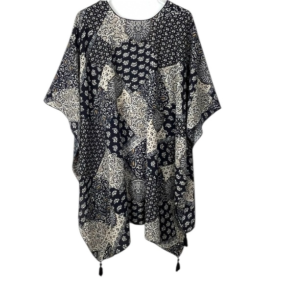 Shyanne Navy Boho Patchwork Kimono Cardigan w/ Tassel Trim – One Size - Picture 2 of 8